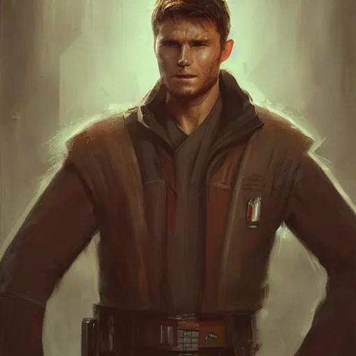 Image similar to portrait of a man by greg rutkowski, jedi knight, he looks like scott eastwood, wearing a flying jacket, star wars expanded universe, he is about 3 0 years old, highly detailed portrait, digital painting, artstation, concept art, smooth, sharp foccus ilustration, artstation hq