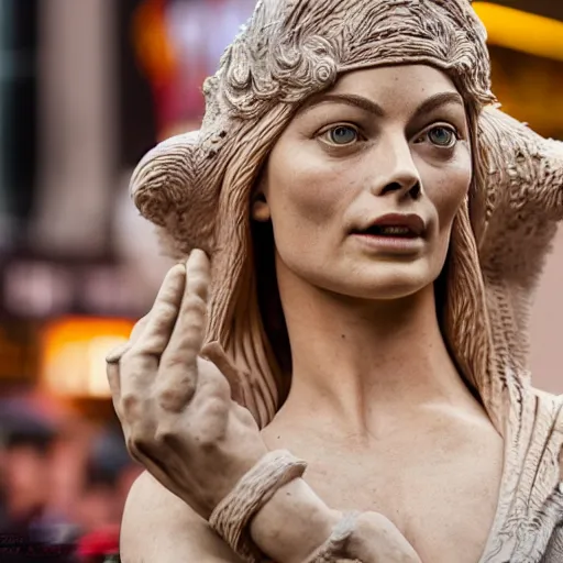 Image similar to extreme long - shot photograph of a renaissance clay sculpture of margot robbie wearing a phrygian cap in times square, made by michelangelo, very detailed, sharp focus, 8 k resolution, ray tracing