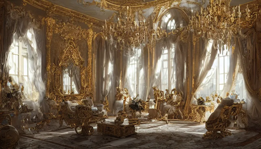 Image similar to rococo interior made from chrome, versailles, light, shadows, reflections, epic composition, intricate, elegant, volumetric lighting, digital painting, highly detailed, artstation, sharp focus, illustration, concept art, ruan jia, steve mccurry