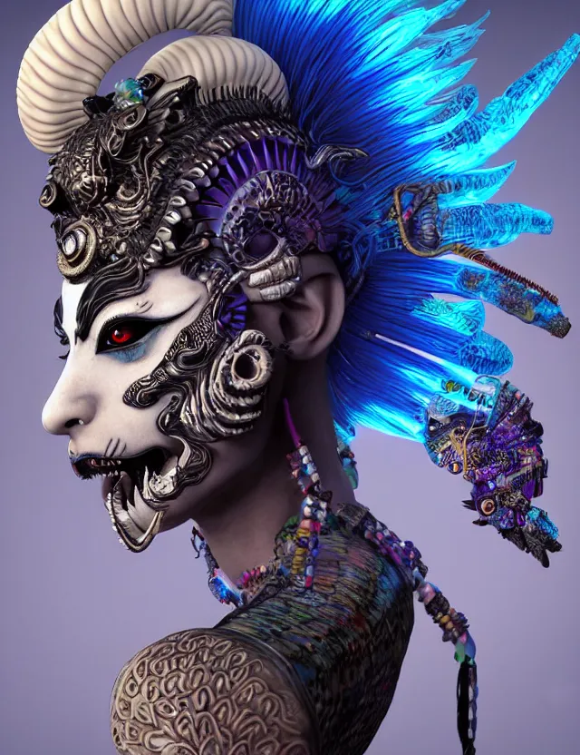 Image similar to 3 d photo realistic goddess close - up profile portrait punk with mohawk with ram skull. beautiful intricately detailed japanese crow kitsune mask and clasical japanese kimono. betta fish, jellyfish phoenix, bio luminescent, plasma, ice, water, wind, creature, artwork by tooth wu and wlop and beeple and greg rutkowski