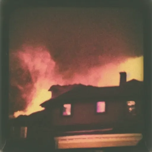 Image similar to a woman in the background a house on fire and she is smiling and the moon is purple, polaroid photo, perfect photo, photo pinterest