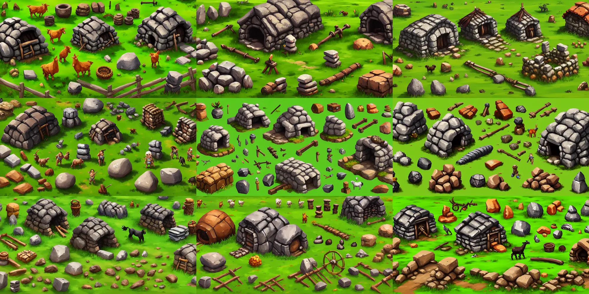 Prompt: game asset of stones rock ancient farming hut, farming tools, farm animals, in gouache detailed paintings, props, stylized, 2 d sprites asset sheet, kitbash, arcane, prop rocks, overwatch, many color scheme, 8 k, close up