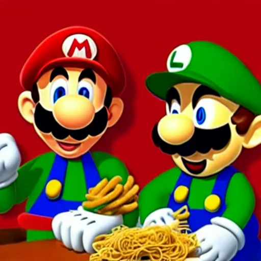 Image similar to photo of mario and luigi eating spaghetti at an italian restaurant