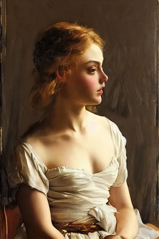 Prompt: beautiful oil matte portrait en buste, annasophia robb, art by anders zorn, wonderful masterpiece highly detailed, beautiful cinematic light deep focus, elegant, digital painting, smooth, sharp focus, golden ratio, dramatic illumination, ultra realistic, 8 k, art by artemisia lomi gentileschi and caravaggio