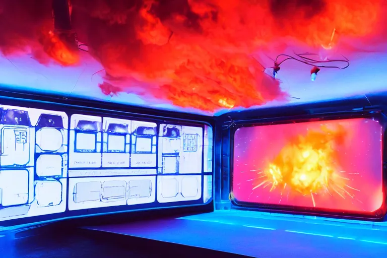 Prompt: Film still of the bridge of a space ship, large viewscreens, control panels, orange and cyan lighting, burning fire, electric sparks, smoke, Cinestill colour cinematography, anamorphic