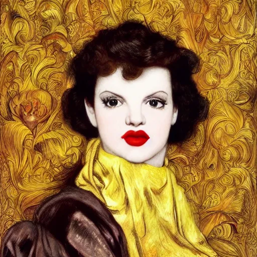 Prompt: hybrid of judy garland and lady gaga, brown fringe, large beautiful facial features, huge downslanted eyes, big cheeks, large full lips, full body medium shot, reclining bed cool stylish, yellow ochre ornate medieval dress, john william waterhouse, kilian eng, rosetti, john everett millais, william holman hunt, william morris, 4 k