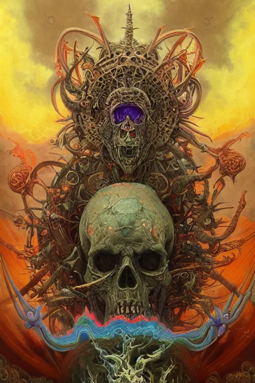 Image similar to gigantic psychedelic demonic cosmic skull lord of death and hell fire, fantasy painting, ultra realistic, wide angle, art nouveau, intricate details, rainbowshift, vivid colors, highly detailed by peter mohrbacher, h. r. giger, maxfield parrish, gustave dore, craig mullins, octane render, cgi