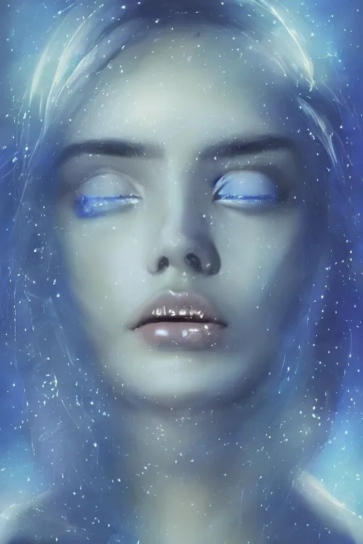 Prompt: sci - fi, close - up, 3 d, moon rays, stars, fashion model face closed eyes, cinematic, clouds, sun rays, vogue cover style, poster art, blue mood, realistic painting, intricate oil painting, high detail illustration, figurative art, multiple exposure, water, 3 d, by tooth wu and wlop and beeple and greg rutkowski