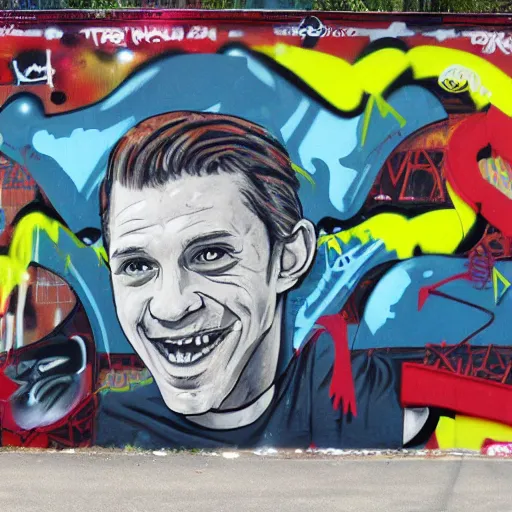 Prompt: Graffiti mural of Tom Holland