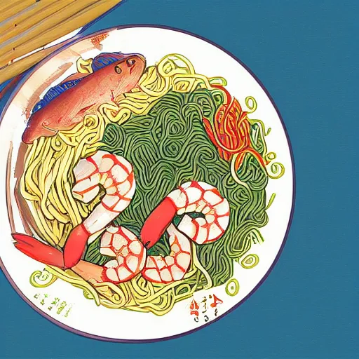 Image similar to illustration of noodles bowl with shrimps on makisu in traditional japan style, by makoto shinkai and takashi takeuchi