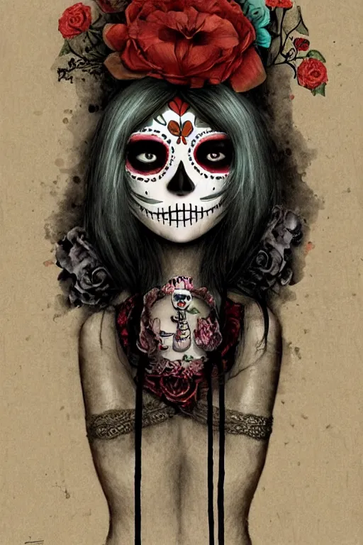 Prompt: Illustration of a sugar skull day of the dead girl, art by katia chausheva