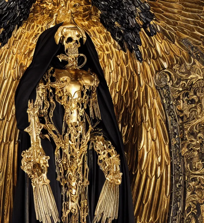 Image similar to full length picture of the angel of death wearing black robe with gold wings in an elaborate cathedral, octane, 8k, ultra detailed, photorealistic + sigma 105mm f2.8 macro