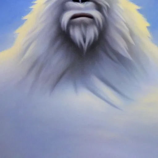 Image similar to oil painting of a yeti, a white snow primate, in style of ivan aivazovsky, expressive face, detailed face, detailed eyes, full body, feminine face, tracer overwatch, disney, pixar