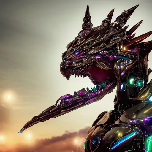 Image similar to stunning bust of a beautiful anthropomorphic robot mecha female dragon, with smooth and streamlined armor, standing and posing elegantly, well detailed dragon head with epic LED eyes and a beautiful glowing maw, sharp and dangerous sleek design, two arms, beautiful digital art, artstation, DeviantArt, FurAffinity, professional, depth of field, close-up, hd, octane render, sunset lighting