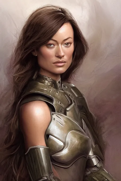 Image similar to a professional painting of a young Olivia Wilde, clothes in military armor, olive skin, long dark hair, beautiful bone structure, symmetrical facial features, intricate, elegant, digital painting, concept art, smooth, sharp focus, illustration, from StarCraft by Ruan Jia and Mandy Jurgens and Artgerm and William-Adolphe Bouguerea