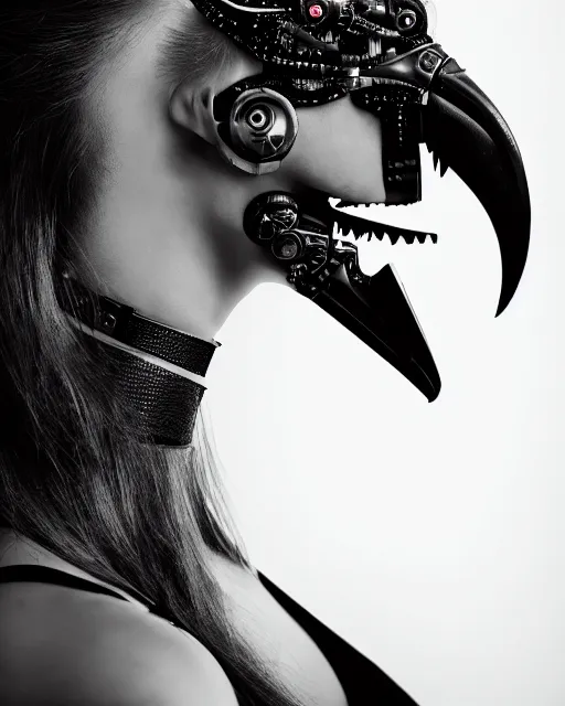 Image similar to a profile portrait, a stunning young woman - cyborg with a mutant crow head, editorial photography, bw, shot on 7 0 mm, depth of field, f / 2. 8, high contrast, 1 6 k, volumetric lighting, shiny, insanely detailed and intricate, hypermaximalist, elegant, ornate, hyper realistic, super detailed