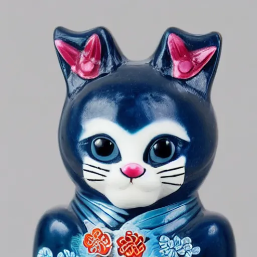 Image similar to demure anthropomorphic cat figurine wearing a kimono