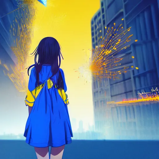 Image similar to anime ukrainian girl, in blue and yellow clothes, watching explosions in big city, concept art, trending on artstation, highly detailed, intricate, sharp focus, digital art, 8 k