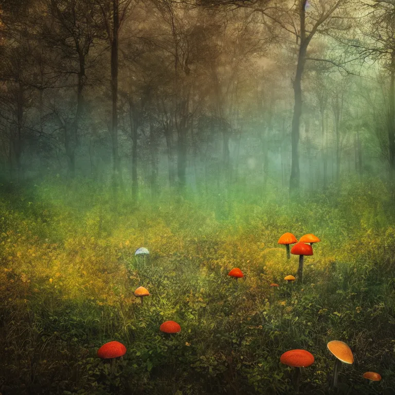 Image similar to a planet of various fungus like trees, mushrooms, flowers and plants, artistic photography, conceptual, long exposure outside the city, volumetric light