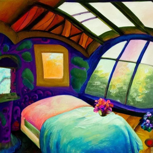 Prompt: interior of cozy queer geodesic dome bedroom with flowers, iridescent windows, expressive oil painting