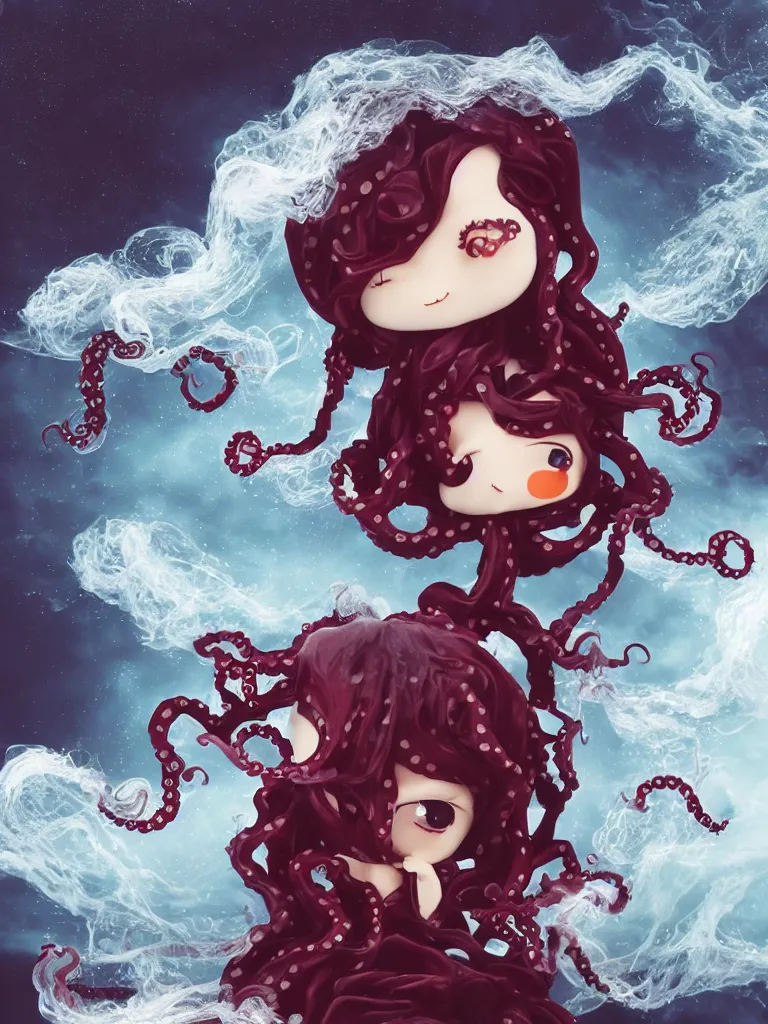 Image similar to cute fumo plush chibi gothic octopus maiden princess boy washing his hair in the waves of the wavering dark galactic abyss, long black and red ruffled intricate dress with ribbons, ocean wave thunderstorm and reflective splashing water, wisps of smoke and haze and volumetric fog, ocean simulation, vignette, vray