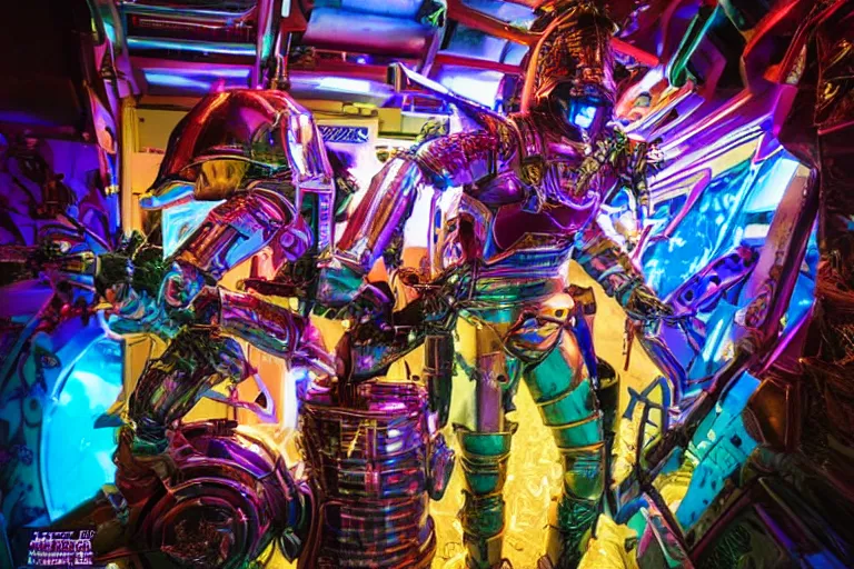 Image similar to knights of Cydonia in futuristic armor ride in neon light in corroded graffit style,