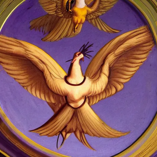 Prompt: a pidgeon and a pheonix flying in a circular symbol in the style of a renaissance painting in purple and gold