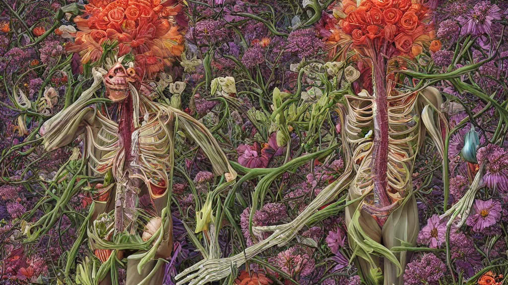 Image similar to highly detailed illustration of a human anatomy body exploded by all the known species of flowers by juan gatti, by moebius!!,, by oliver vernon, by joseph moncada, by damon soule, by manabu ikeda, by kyle hotz, by dan mumford, by kilian eng