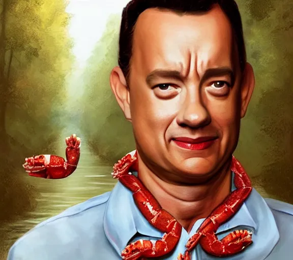 Image similar to Tom hanks as forrest gump wearing a necklace of shrimps around the neck, realistic face, digital art, in the style of Raphael Lacoste, amazing detail, artstation