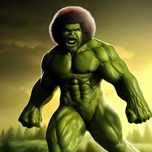 Image similar to photomanipulation of BOB ROSS as hulk with human flesh, marvel, fully detailed, volumetric lightening, octane render, 8k, masterpiece, epic composition