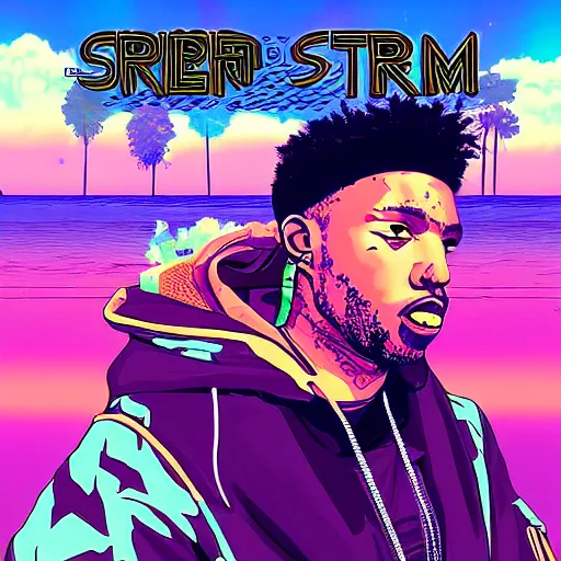 Prompt: rhyme storm, rapper throwing down a fresh flow, freestyle rapping rhythm game, videogame cover art, professional artist, vaporwave, detailed, 4k