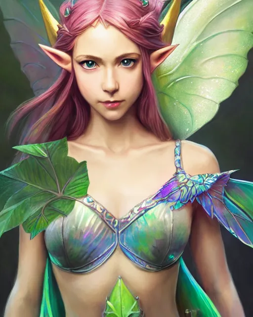 Prompt: beautiful legend of zelda great fairy fountain portrait, big leaf bra, iridescent wings, highly detailed, d & d, fantasy, highly detailed, digital painting, trending on artstation, concept art, sharp focus, illustration, art by artgerm and greg rutkowski and fuji choko and viktoria gavrilenko and hoang lap