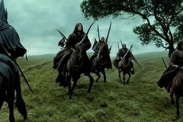 Prompt: film still of 3 Nazgûl, swords drawn, chasing hobbits through the shire as it burns, epic composition, intricately detailed, physically based render, screenshot from Lord of the Rings