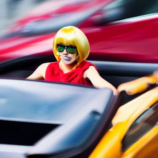 Prompt: a frog driving a red sports car with a blonde wig on driving fast through the city at night