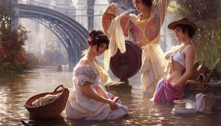 Image similar to perfectly-centered-Portrait of the most beautiful people on the planet, river, washing clothes, intricate, highly detailed, digital painting, artstation, concept art, smooth, sharp focus, illustration, Unreal Engine 5, 8K, art by artgerm and greg rutkowski and alphonse mucha