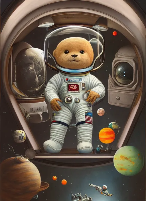 Image similar to highly detailed wide - angle portrait of a retro teddy in a spacesuit in a spaceship, nicoletta ceccoli, mark ryden, lostfish, earl nore, hyung tae, frank frazetta, global illumination, detailed and intricate environment