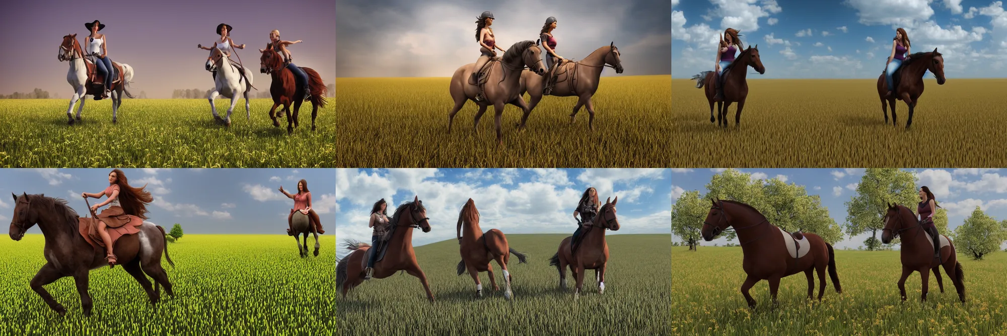 Prompt: heroine riding a horse in a field, realistic, 3D render