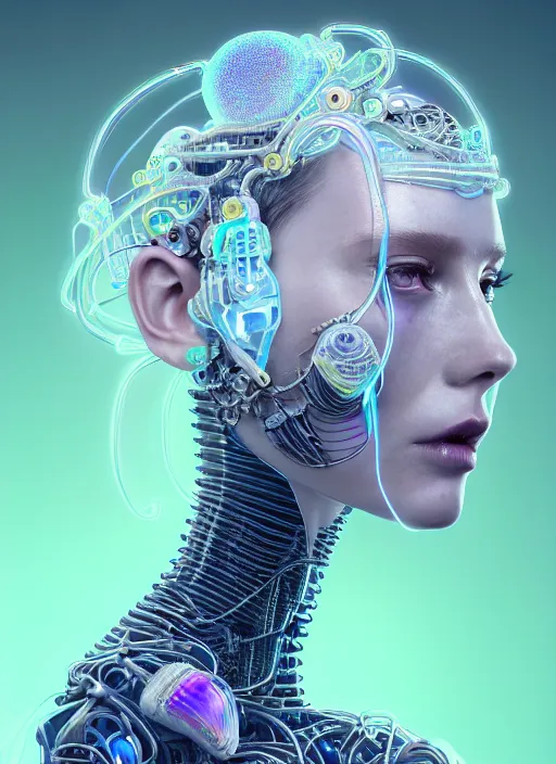 Prompt: portrait of an absurdly beautiful, graceful, sophisticated, fashionable cyberpunk mechanoid, hyperdetailed illustration by irakli nadar, matt wisniewski style, intricate linework, white porcelain skin, iridescent jellyfish headdress, day - glow face paint, multi colored neon electronic collar, unreal engine 5 highly rendered, global illumination, radiant light, detailed and intricate environment