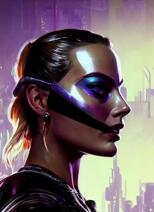 Image similar to portrait of Margot Robbie as a character in arabian Cyberpunk 2077, looking at camera, intricate, dystopian, sci-fi, extremely detailed, digital painting, artstation, concept art, smooth, sharp focus, illustration, intimidating lighting, incredible art by artgerm and greg rutkowski and alphonse mucha and simon stalenhag