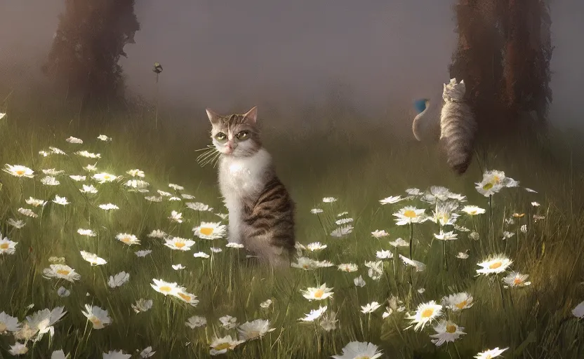 Image similar to cat and daisies, painting by craig mullins, octane rendering, soft morning lighting, wide angle lens, in the style of hayao miyazaki, trending on artstation,