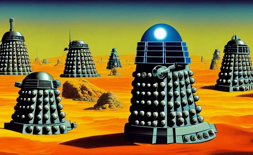 Image similar to daleks in the time vortex, beautiful retro art, no blur, 4 k resolution, ultra detailed, roger dean,