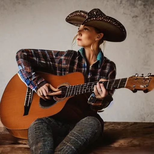 Image similar to a female fox animal, wearing cowboy hat, wearing plaid shirt, playing guitar, inside a barn, album cover style