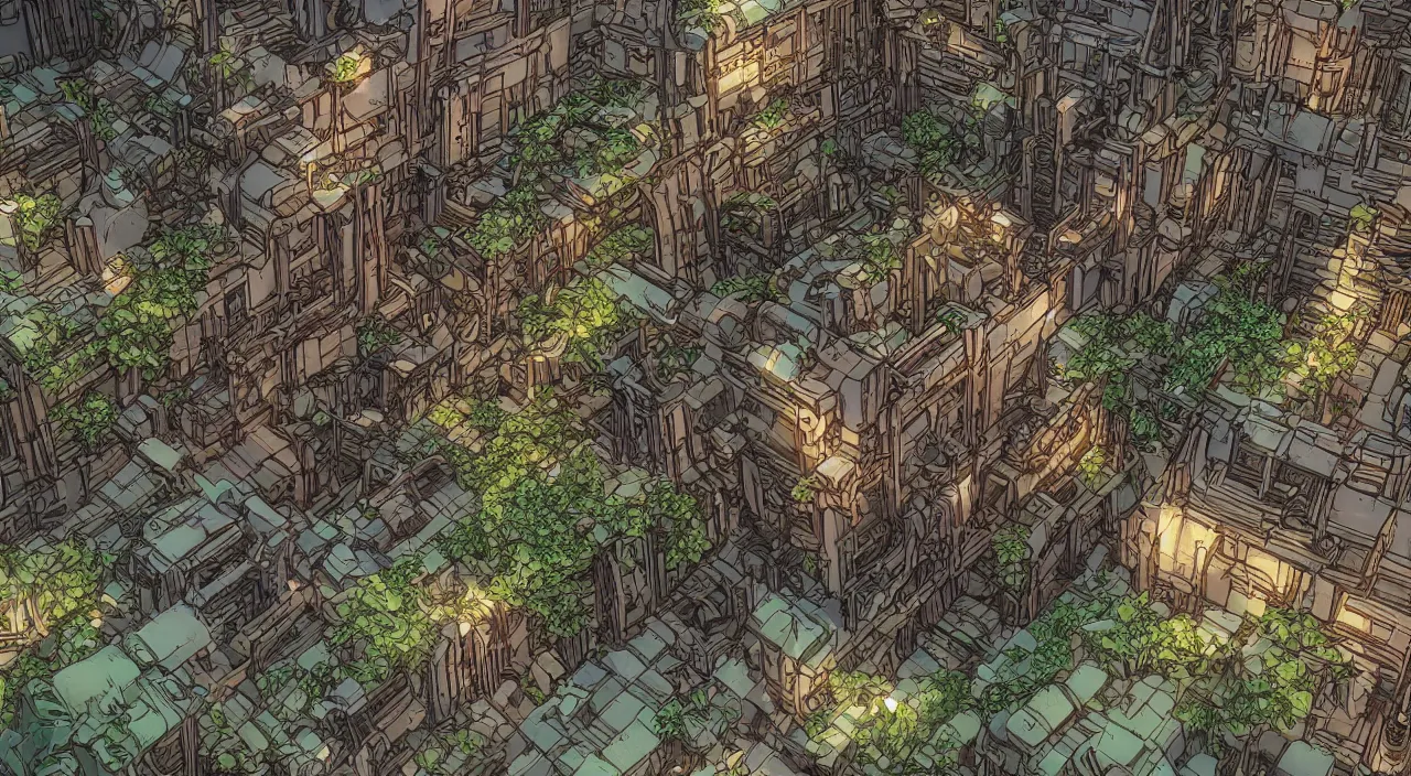 Prompt: wood fortress greeble block amazon jungle global illumination ray tracing that looks like it is from borderlands and by feng zhu and loish and laurie greasley, victo ngai, andreas rocha, john harris