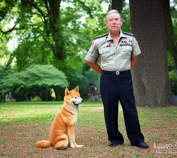 Image similar to 5 5 mm portrait photo of a military admiral with shiba inu face, in a park by luis royo. soft light. sony a 7 r iv
