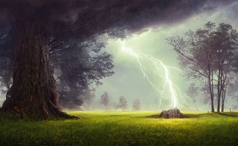 Image similar to lightning strikes a tree in the middle of a field, fantastic landscape, hyperrealism, no blur, 4k resolution, ultra detailed, style of Anton Fadeev, Ivan Shishkin, John Berkey