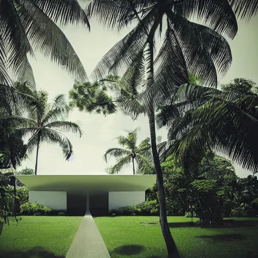 Prompt: hyperrealistic highdetailed abandoned white house by tadao ando in the tropical wood flying in the sky, palms, overgrown place, trees are in building and go through house, mystic, melancholy, pinhole analogue photo quality, lomography, scratches on photo, noise effect, blur effect, monochrome