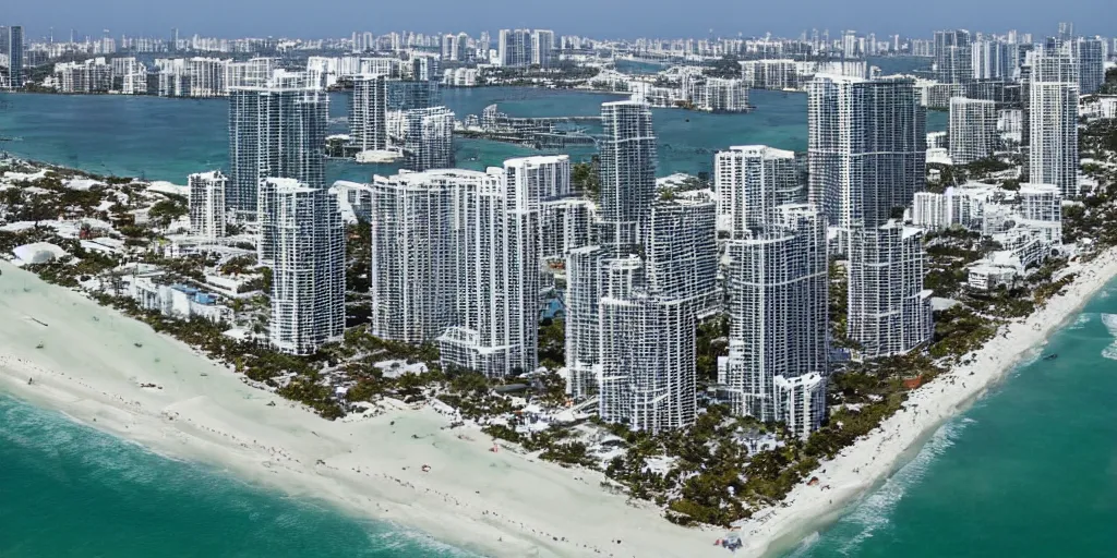 Image similar to wide - angle view of an alien invasion at the shores of miami beach.