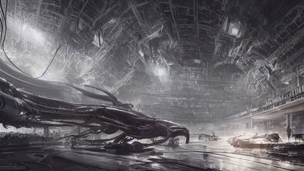 Prompt: a Photorealistic dramatic hyperrealistic,hyper detailed render of an Epic Sci-Fi, Gigantic Alien xenomorph spaceship inside huge interior hangar,intricate bio mechanical surface details in a top secret research facility,many tubes and cables hanging from the ceiling by Greg Rutkowski,Nicolas Bouvier,Sparth,ILM,Beautiful dynamic dramatic dark moody lighting,Volumetric,Cinematic Atmosphere,Octane Render,Artstation,8k