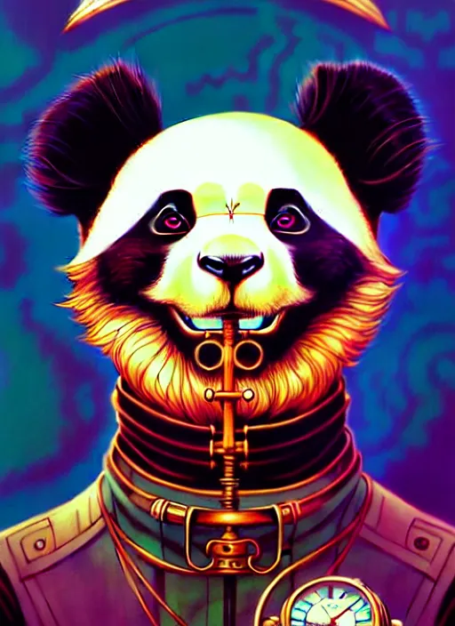 Image similar to don bluth, loish, artgerm, joshua middleton, steampunk, clockpunk anthropomorphic panda, full sailor suit, symmetrical eyes symmetrical face, colorful animation forest background