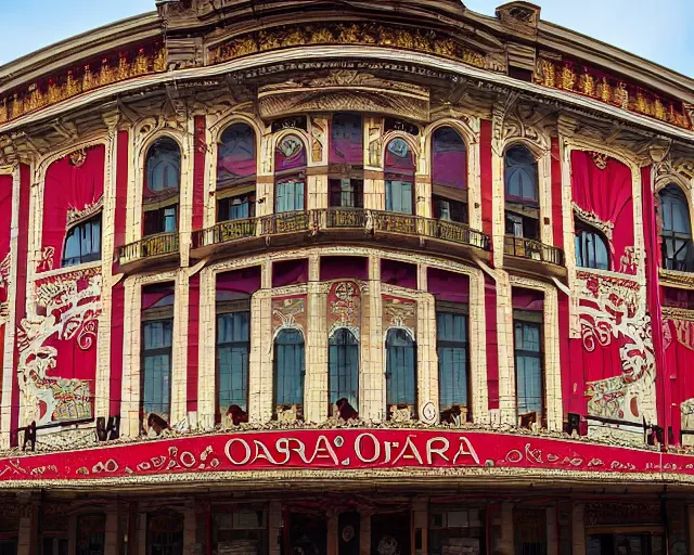 Prompt: photo of an outdoor mural of an opera house from the early 1 9 0 0 s in the style of art nouveau, red curtains, art nouveau design elements, art nouveau ornament, opera house architectural elements, painted on a brick wall, outdoor mural, mucha